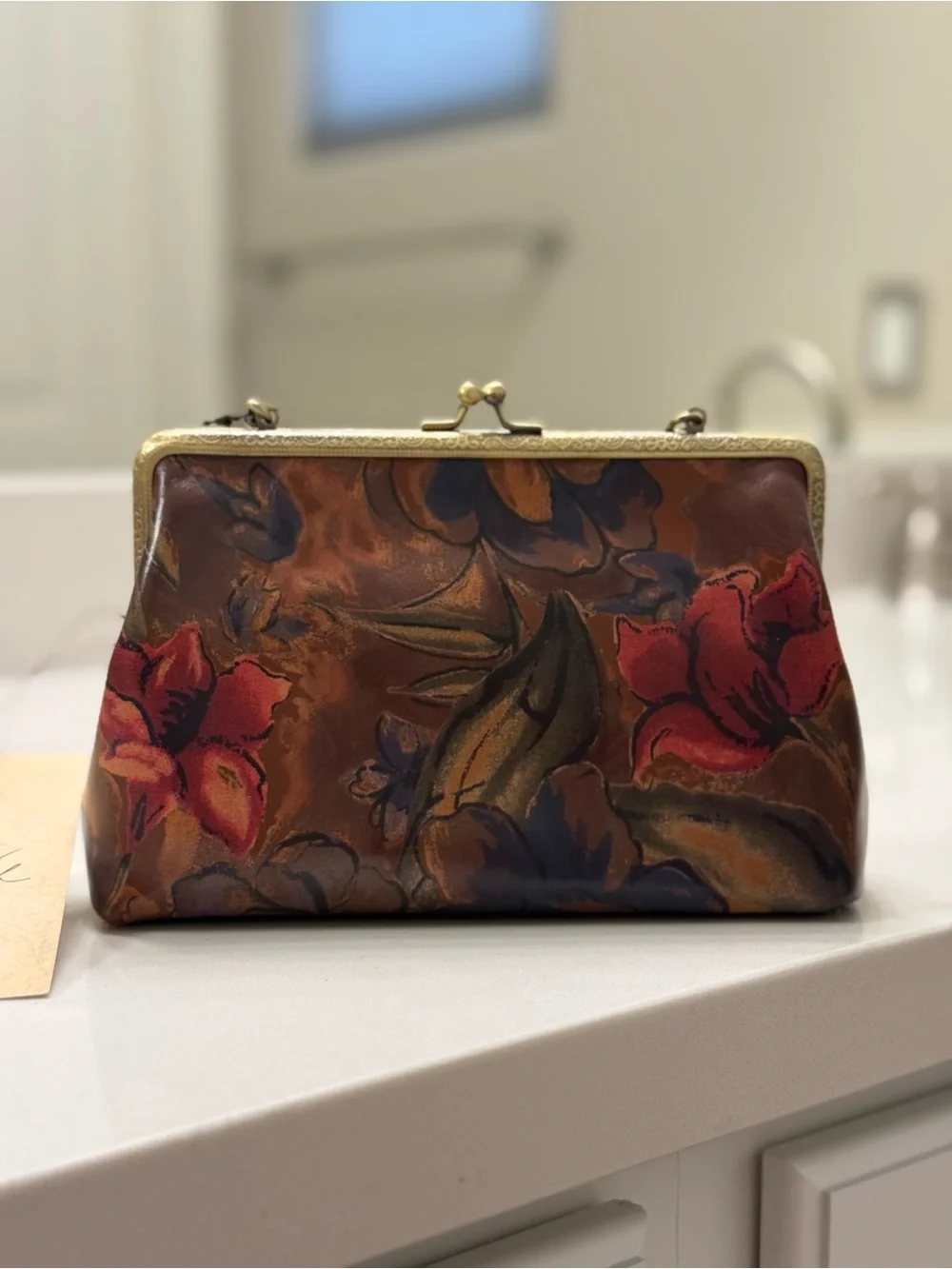 Patricia Nash Floral Leather Kiss-Lock Crossbody in Brown, Red, Navy 🥀NWT🥀